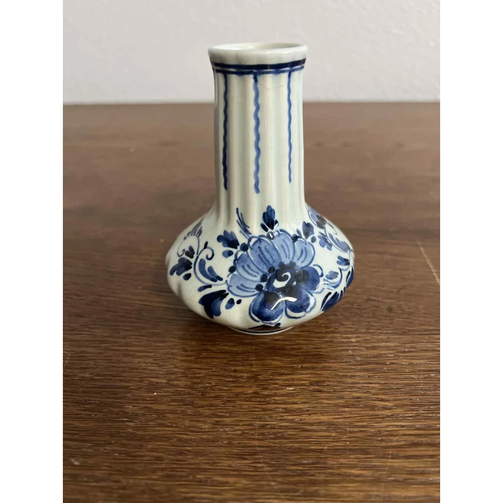Vintage Hand Painted Delft Blue Vase & Miniature Barrel Cup Holland Pottery Set